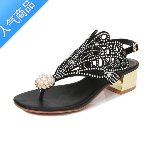 SUNTEK水钻罗马凉鞋女2023年夏季新款波西米亚民族风夹趾带钻粗跟沙滩鞋