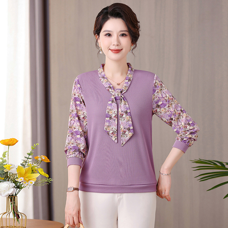 新款女装洋气妈妈装春装上衣时尚拼接款中年女装小衫气质飘带衣服