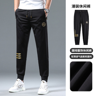欧洲站高端字母英文休闲裤男夏季薄款修身弹力运动束脚长裤_964