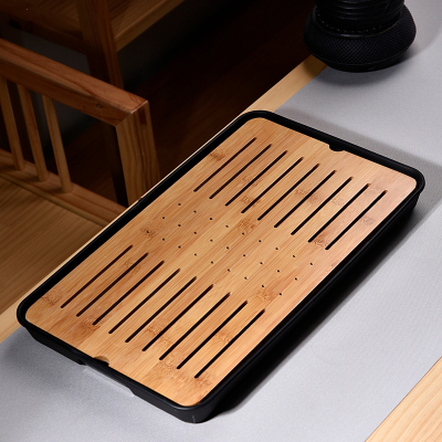 家用简约功夫茶具茶盘套装迷你储水密胺干泡小茶台日式竹制茶托盘密胺大长方祥云黑茶盘43cm