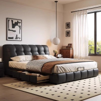 现代简约泡芙床复古奶油风主卧双人床意式极简中古风储物皮艺床