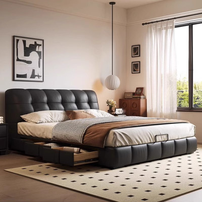 现代简约泡芙床复古奶油风主卧双人床意式极简中古风储物皮艺床