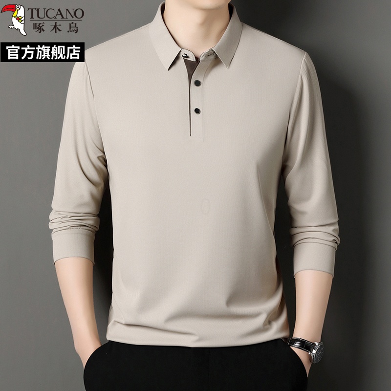 啄木鸟2025春秋季新款商务休闲长袖翻领polo衫男中年爸爸上衣