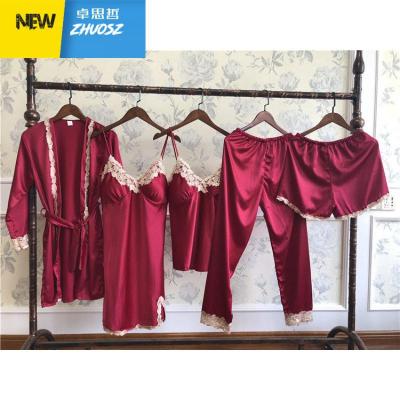 睡衣女季带胸垫五件套薄款红色性感吊带睡裙睡袍套装卓思哲
