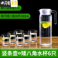 三维工匠冷水壶玻璃凉水壶家用可高温凉白开水杯耐热茶壶防爆扎壶瓶套装 竖条壶1.1+矮八角杯6个