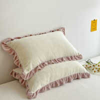 冬季加厚牛奶绒枕套一对纯色珊瑚绒枕头套家用单人花边枕芯套