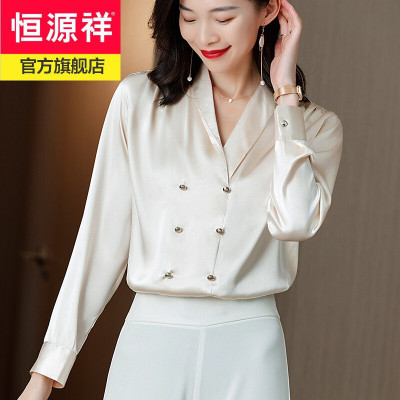 恒源祥品质深V女人味仿真丝雪纺衫长袖衬衫雅OL白领气质女装2021春装新款