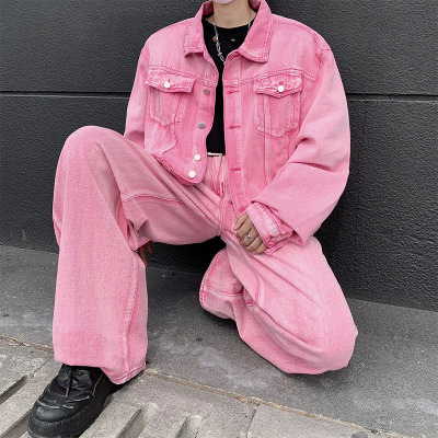 男装春秋季新款长袖夹克牛仔套装男复古做旧痞帅青少年潮夹克外套