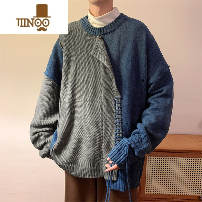 YANXU编织破洞毛衣男潮牌ins拼接设计感线衣日系复古情侣针织衫