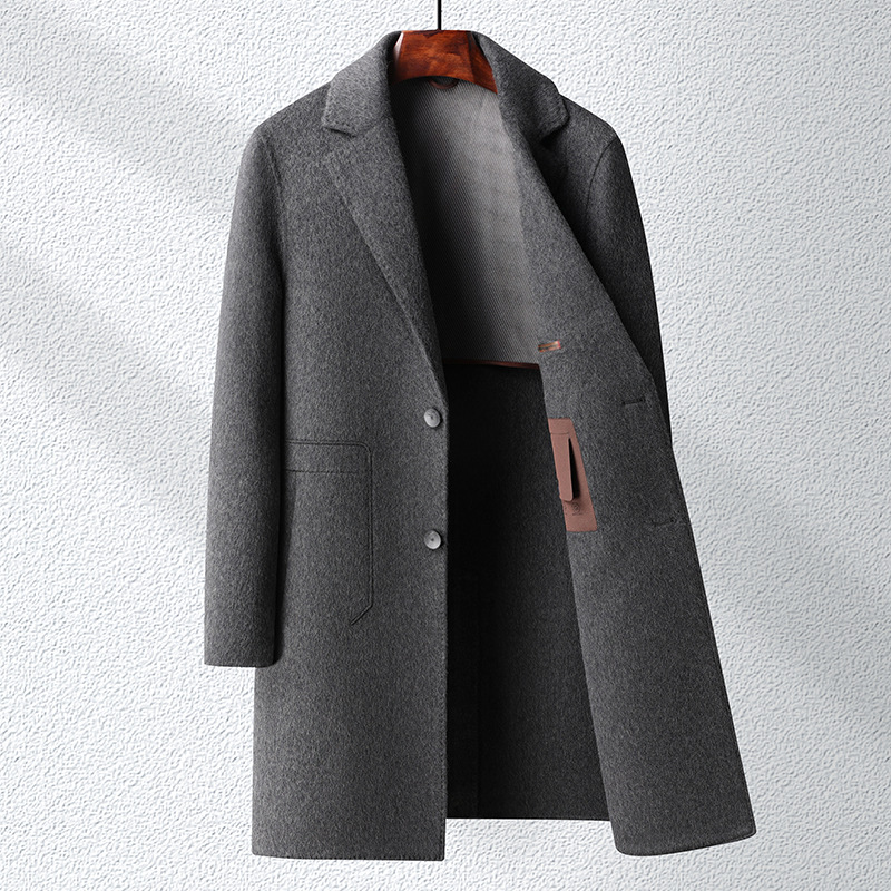 秋冬新款加厚长款西装领羊毛双面呢大衣男士青年修身外套