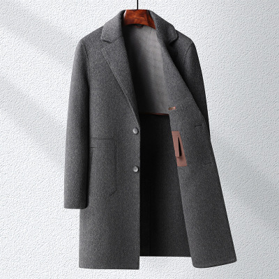 秋冬新款加厚长款西装领羊毛双面呢大衣男士青年修身外套