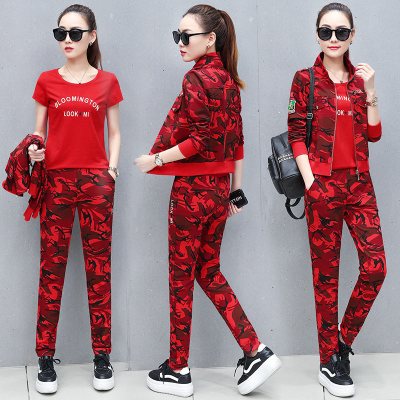 珂卡慕(KEKAMU)军特战迷彩运动套装女2020新款潮韩版休闲服显瘦女装卫衣三件套安防军训迷彩军衣裤