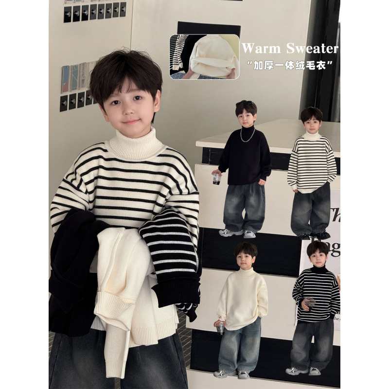 童酷儿童冬款湖州织里童装一体绒打底针织衫高领加厚男童毛衣