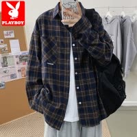 花花公子长袖格子衬衫男士春秋冬款宽松潮牌痞帅翻领休闲衬衣外套