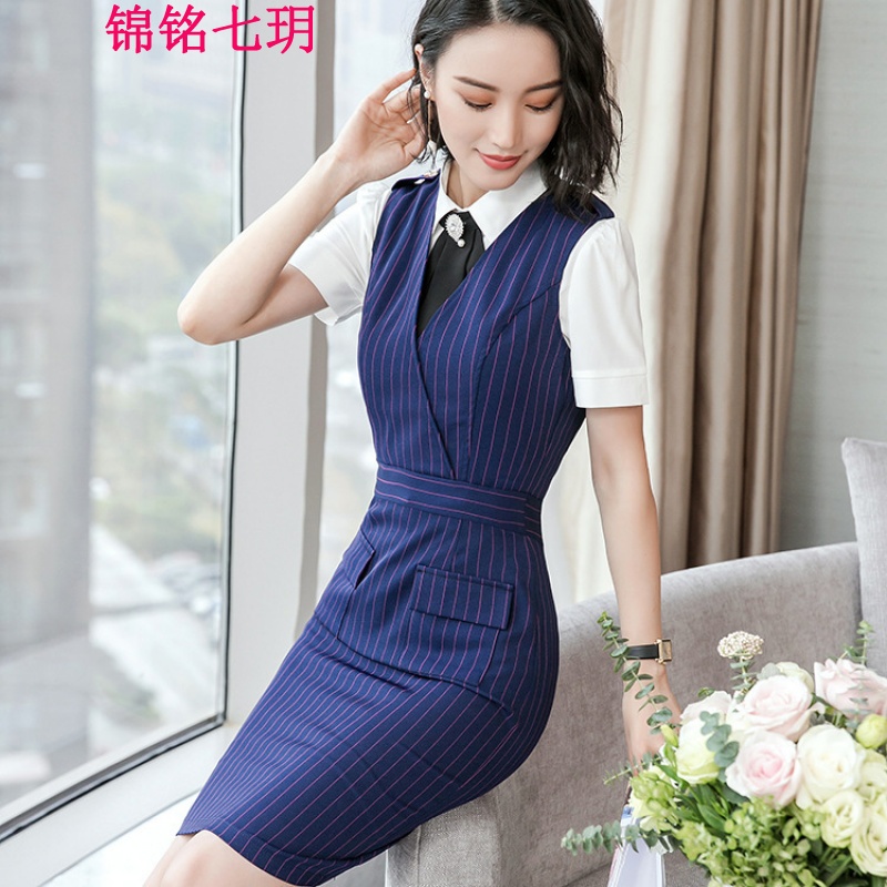 锦铭七玥职业V领连衣裙衬衫两件套裙夏装2018新款中长款字裙条纹裙子工装