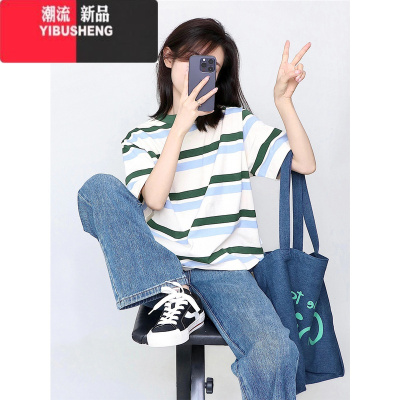 YIBUSHENG韩系条纹正肩短袖t恤女季设计感小众宽松学生上衣2024新款