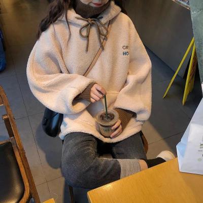 卫衣女士学生秋季冬天羊羔毛加绒加厚假两件连帽宽松上衣ins外套