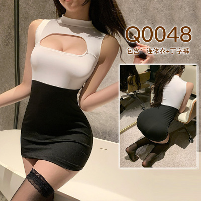 九里晴川内衣性感透视黑白镂空连衣裙女修身免脱调味成人用品 Q0048 均码