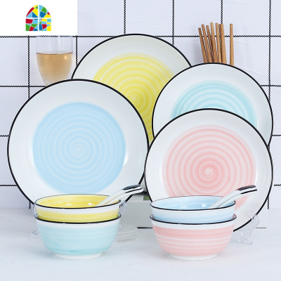 北欧釉下彩家用陶瓷礼品餐具碗筷碗盘碗碟套装盘子饭碗米饭碗组合 FENGHOU 18件套-浅蓝色