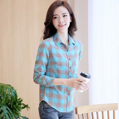 格子衬衫女长袖秋装新款休闲衬衣大码上衣 韩范寸外套