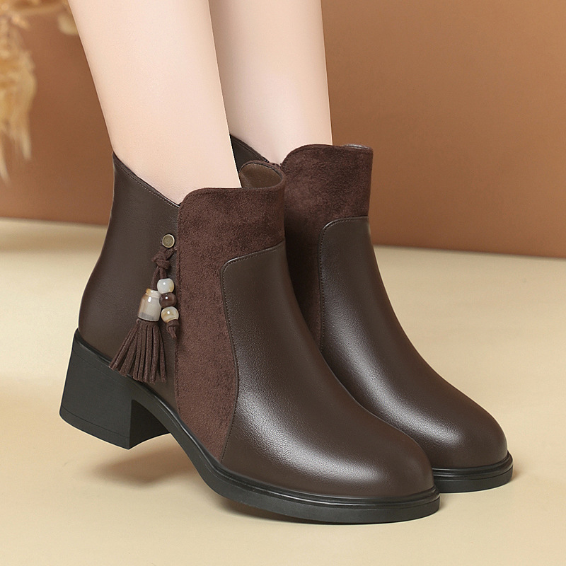 百搭粗跟软皮棉鞋女款中年妈妈鞋秋冬季皮鞋加绒保暖短靴