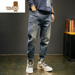 YANXU春季复古牛仔裤男宽松大码弹力小脚裤款美式休闲锥形哈伦长裤
