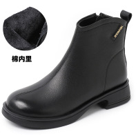 秋冬款加绒复古方头真皮短靴粗跟拉链骑士靴舒适大码牛皮棉靴