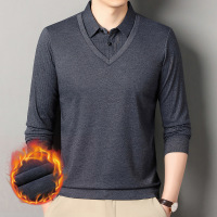 冬季加绒加厚男式假两件毛衫衬衫领中年长袖纯色加绒保暖休闲毛衣