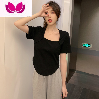 七斓大码胖mm纯欲心机不规则设计修身显瘦方领正肩短袖T恤上衣女