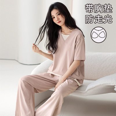 睡衣女士春夏季新款休闲短袖长裤简约宽松可外穿家居服套装