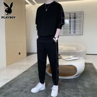 花花公子休闲套装男士运动卫衣服2025年春季搭配黑色长袖男装一套
