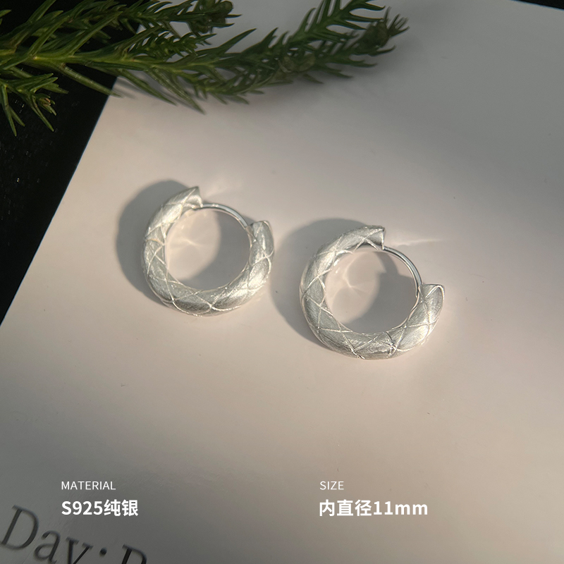 925纯银菱格磨砂耳圈女耳环耳饰高级感轻奢小众设计礼物新