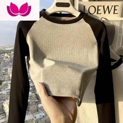 七斓长袖t恤女插肩袖设计感小众独特别致短款上衣修身打底衫内搭