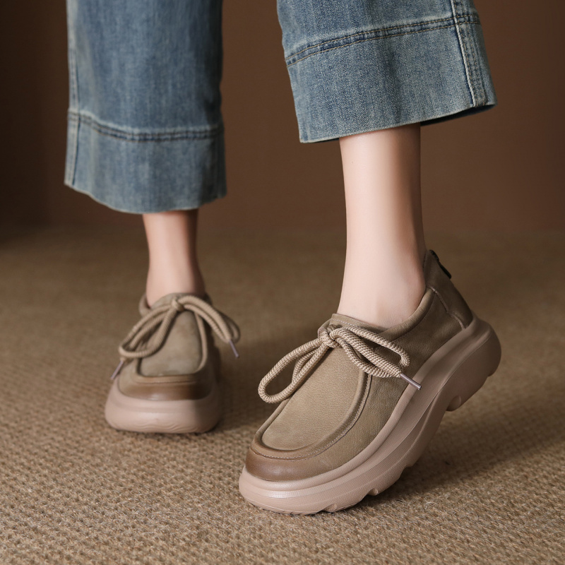 头层牛皮单鞋女2026春季新款复古休闲系带厚底圆头百搭博肯袋鼠鞋