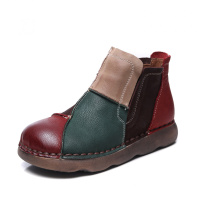 头层牛皮短靴女冬季新款复古百搭圆头平底拼色休闲女式单鞋