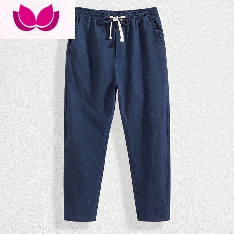 七斓棉麻9九分裤男夏季薄款宽松大码运动直筒裤亚麻裤子男士休闲长裤