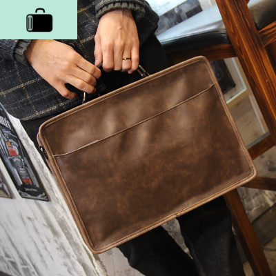 新款男士疯马皮商务休闲复古大容量手提包单肩斜挎电脑包公文包男NEWLAKE深棕色男士单肩包深棕色