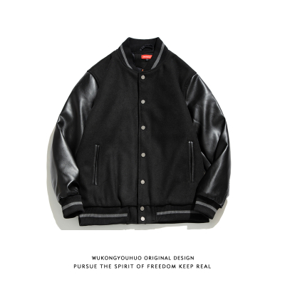 NEWLAKE美式复古PU皮拼接棒球服外套男潮牌宽松bf风休闲棉衣夹克棉衣