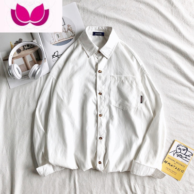 七斓港风纯色经典长袖衬衫男春季ins情侣宽松上衣潮流潮牌百搭dk衬衣