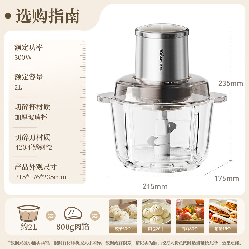 小熊绞肉机家用 碎肉机 电动多功能料理搅拌机饺子肉馅蒜蓉机 搅肉机 2L大容量全不锈钢杯