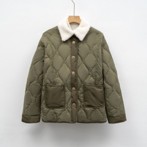 新菱格秋冬翻领毛绒领子时尚韩系工装外套宽松羽绒服女