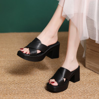 头层牛皮粗跟凉拖鞋女简约百搭夏季新款一字拖外穿凉鞋