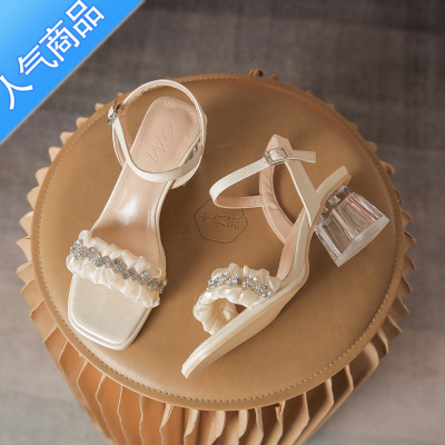 SUNTEK气质凉鞋女2023年新款夏季小码配裙大码仙女粗跟法式一字带高跟鞋