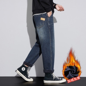 冬季保暖加绒牛仔裤男大码宽松休闲复古时尚感潮流锥形哈伦裤