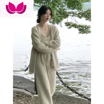 七斓韩版时尚针织套装女2023新款吊带背心+高腰松紧阔腿裤三件套