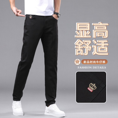 刺绣纯黑色牛仔长裤男士潮牌修身春季高端弹力直筒牛仔裤男装