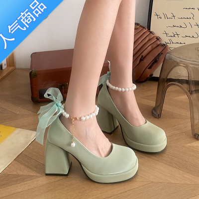 SUNTEK树上有个桃高跟鞋女2023春季新款百搭厚底粗跟玛丽珍单鞋jk小皮鞋