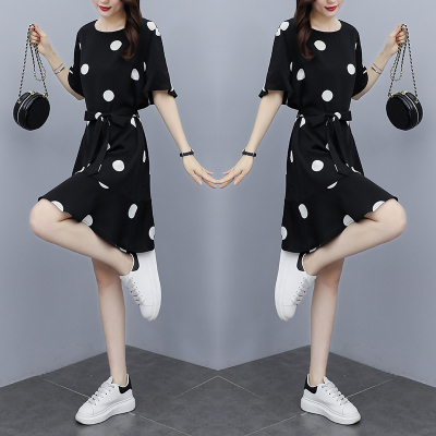 卡恋洛大码女装2021夏季胖妹妹宽松遮肚波点T恤荷叶边连衣裙