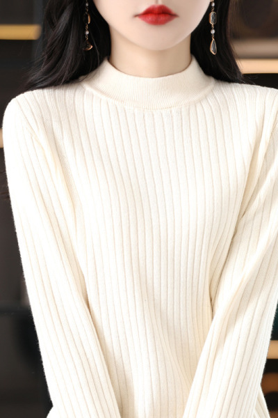 新款秋季优雅风气质棉套头半高领常规毛衣女式坑条修身针织打底衫