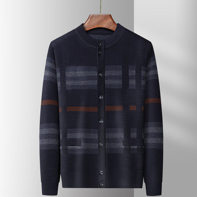 秋冬新款男士针织开衫毛衣 加厚保暖单排扣针织中山装外套爸爸装